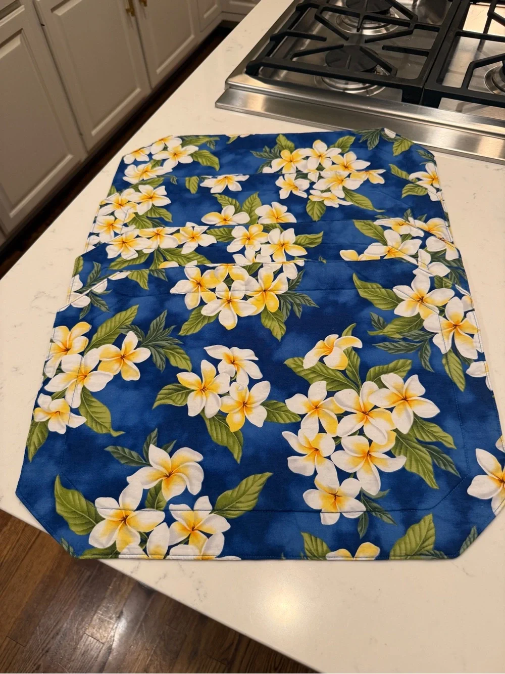 Tropical Plumeria Floral Reversible Quilted Placemats Blue Set of 4